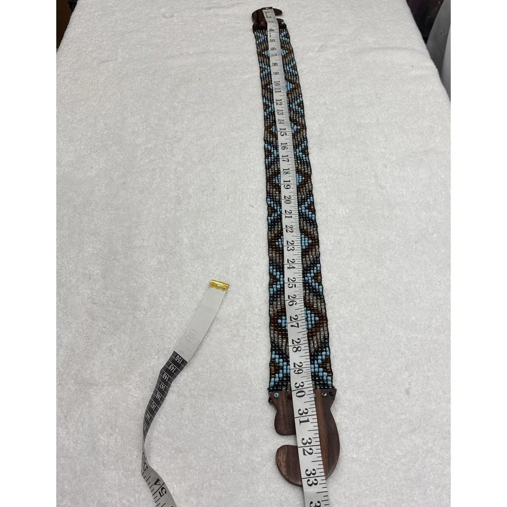 Vintage Handmade Glass Beaded Stretch Belt Wooden Interlocking Hook Buckle Boho